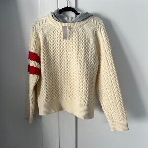 NWT Cream Cableknit Sweater w/Red Varsity Stripes with Built In Grey Hoodie, Med